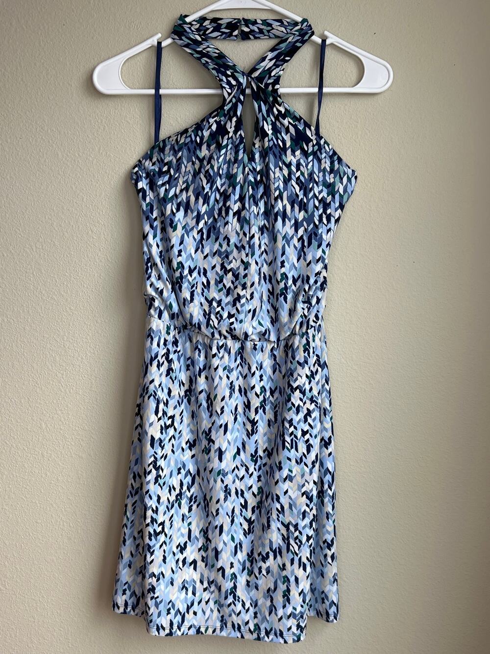 White House Black Market Blue Geometric Chevron Halter Neck Mini Dress XS